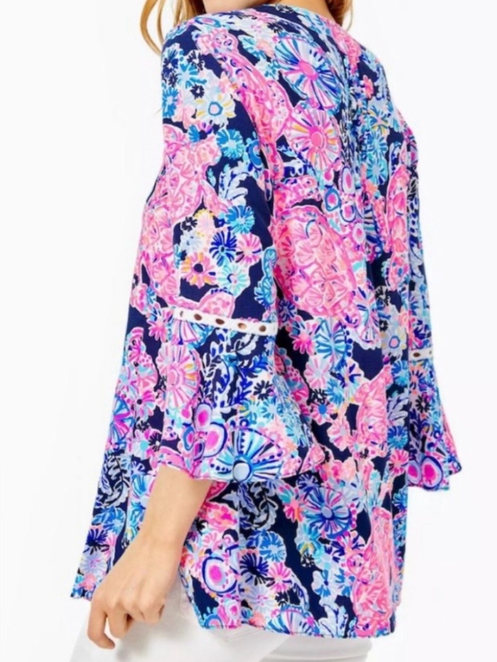 Lilly Pulitzer Hollie Tunic Top Flounce Sleeve Blooming Blue Pink Med MSRP $128 - Picture 2 of 10